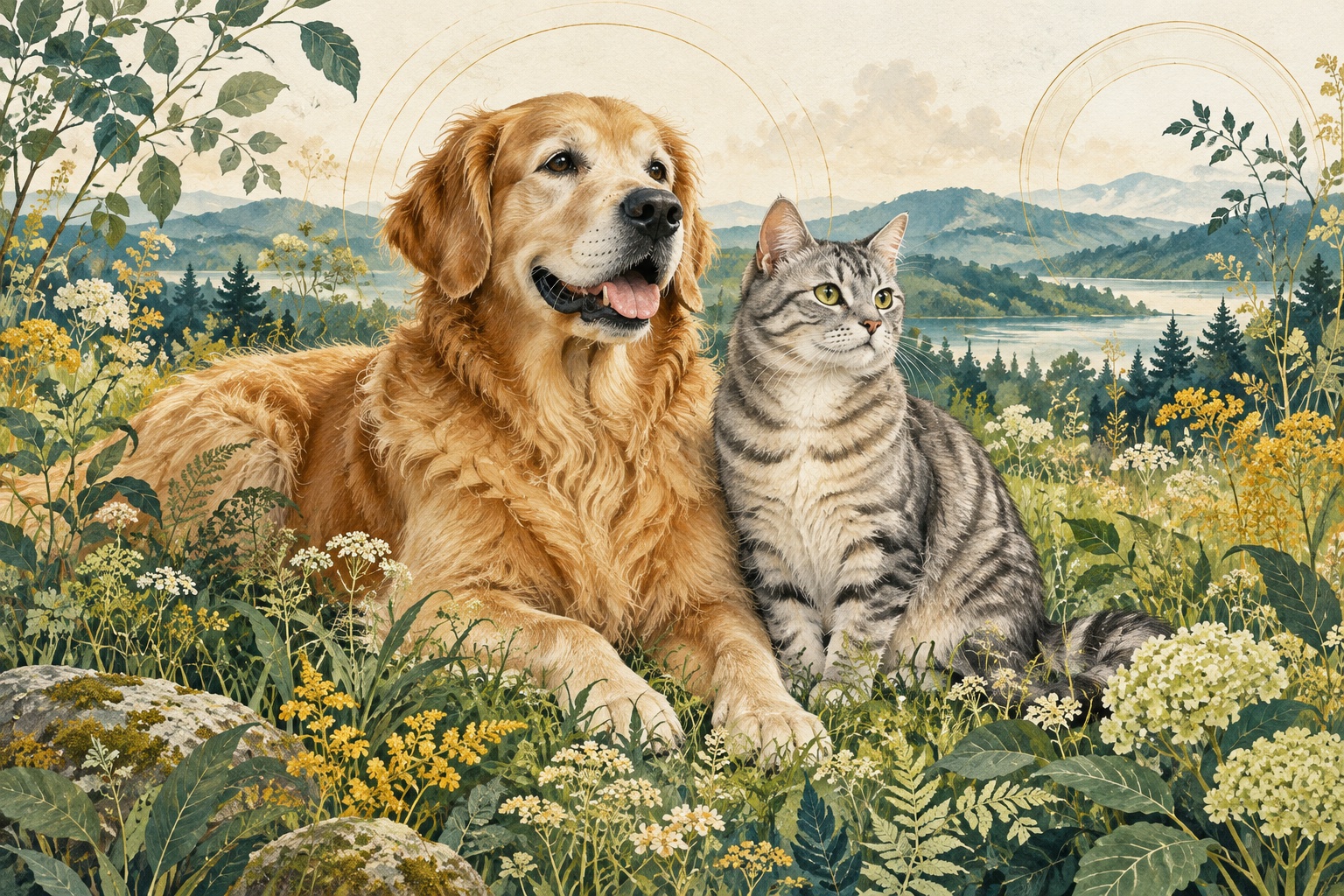 Original illustration of a mature golden retriever and tabby cat in a botanical landscape