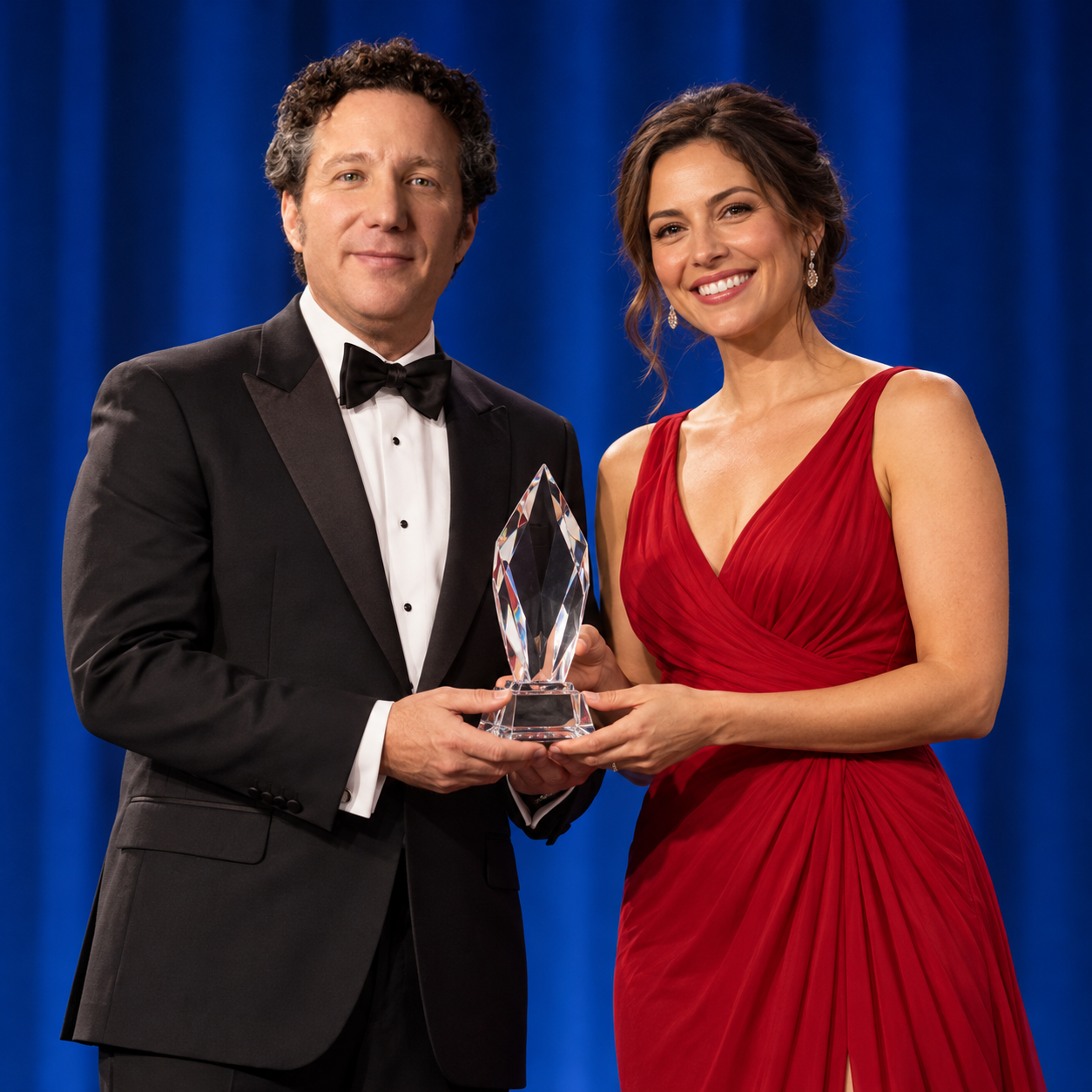 Imagined award presentation: Dr. Gary Richter in a black tuxedo presents a crystal award to a fictional female veterinarian in a red gown against a blue backdrop.